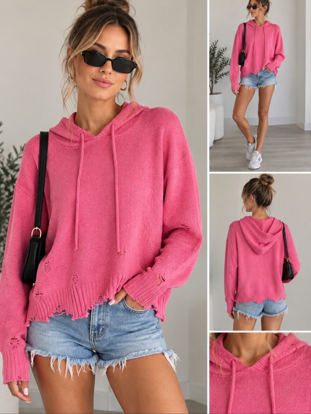 American Eagle Outfitters Pink Distressed Knit Cropped Hoodie